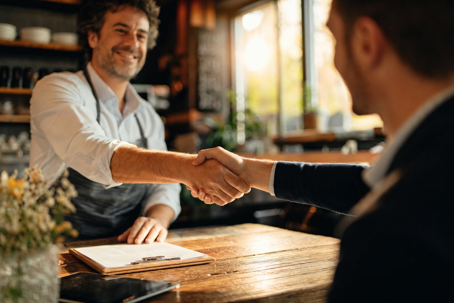 A restaurant owner shaking hands with a buyer across a wooden table after a sale