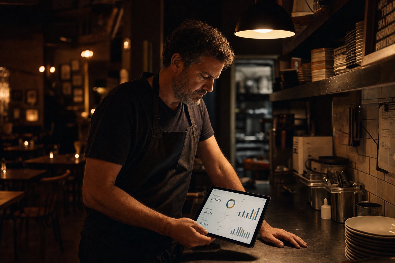 A restaurant owner reviewing financial performance on a tablet in the back of house at closing time